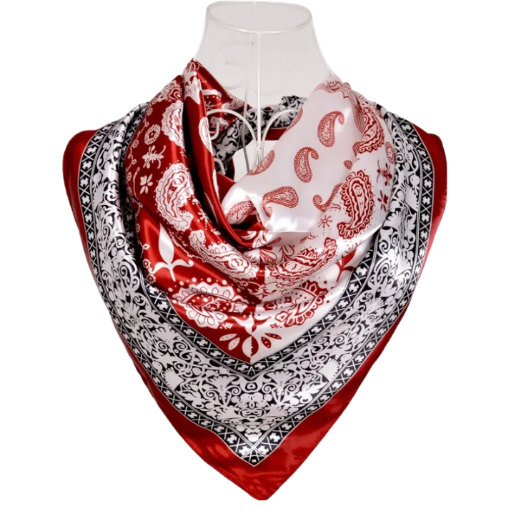 Anyyou Scarf for Women Wine Red Printed Square Silk Shawl For Summer Spring And Fall