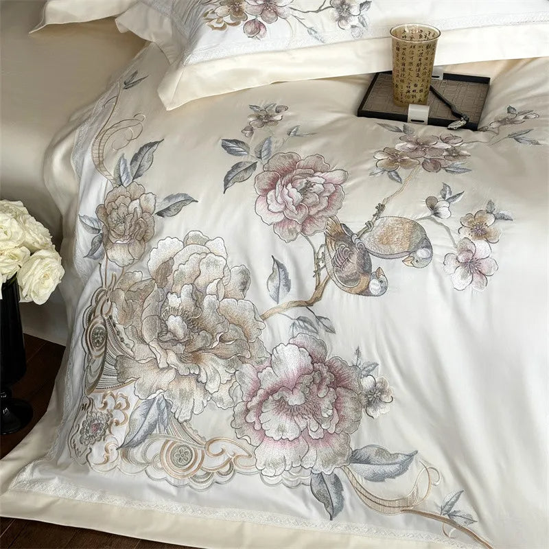 Anycozy Duvet Cover Set White Flat Bed Sheet Ultra Soft Egyptian Cotton Embroidery Quilt Bedding