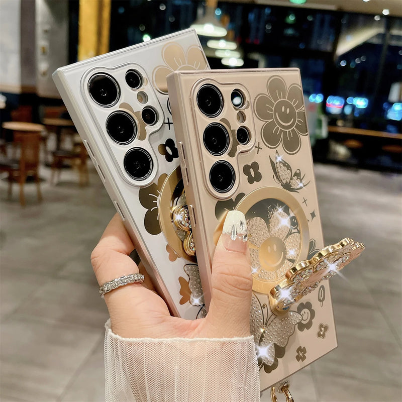 ANYMOB Samsung Case Gold Luxury Butterfly Flower Keychain Magnetic Ring Stand