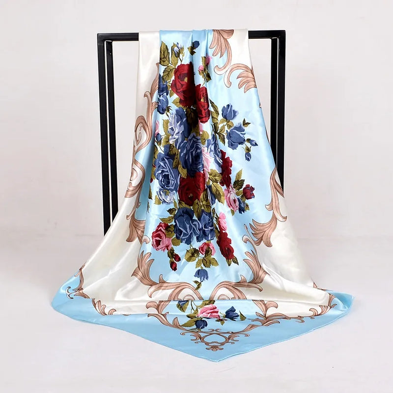 Anyyou Scarf for Women Rose Blue Floral Satin Silk Shawl Fashion Accessories Chain Flowers Pattern Autumn Winter Scarves