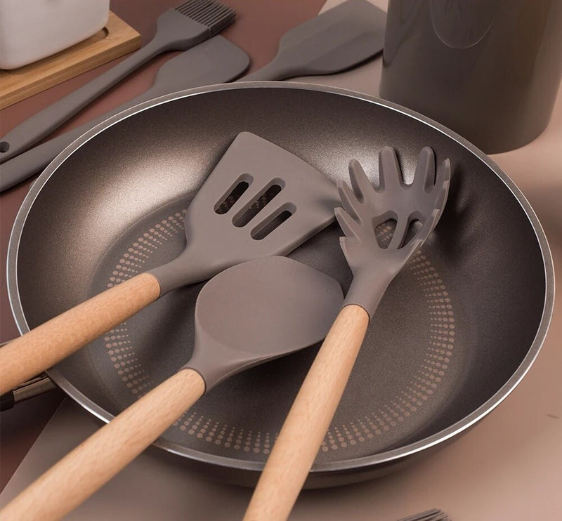 Anygleam Kitchen Utensils 7 Set Natural Beech Wooden Handle Cookware with Tong Tool Heat Resistant Non Stick Accessories
