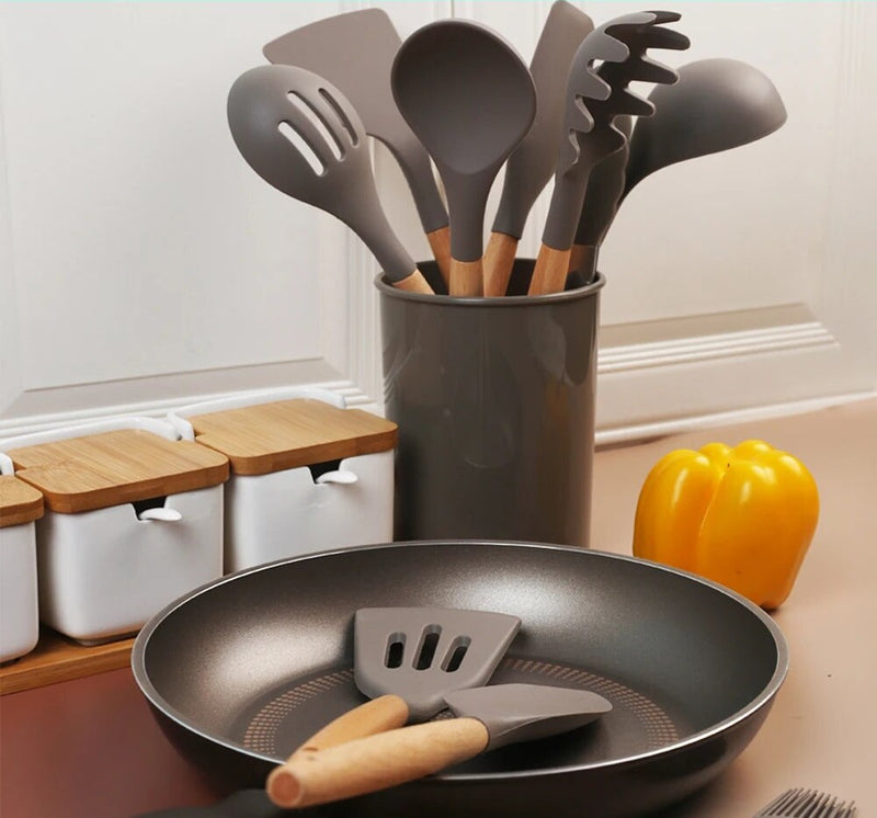 Anygleam Kitchen Utensils 7 Set Natural Beech Wooden Handle Cookware with 1 Tong and 1 Storage Tool with Storage Heat Resistant Non Stick Accessories
