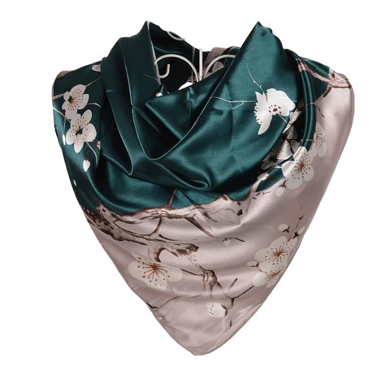 Anyyou Scarf for Women Green Grey Floral Satin Silk Shawl Fashion Accessories Chain Flowers Pattern Autumn Winter Scarves
