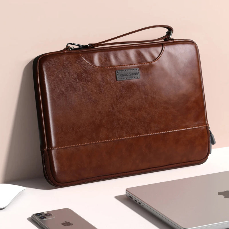 ANYPACK Laptop Handbag Brown Vegan Leather Sleek Protector Durable Lightweight For Travel And Work