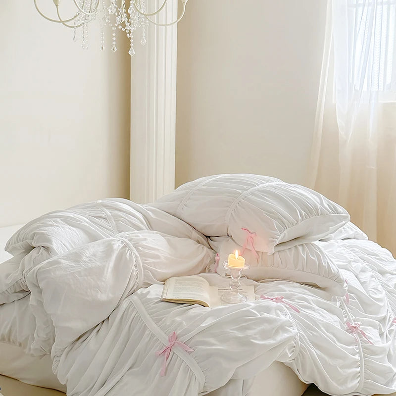 Anycozy Bedding Set White Pink Bow Ruffle Pleated Duvet Cover Flat Bed Sheet and Pillowcases Bedroom Decor