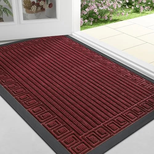 Anymat Doormat Wine Red Rubber Frame Stripes Non Slip Dirt Trap Water Absorbing Mat