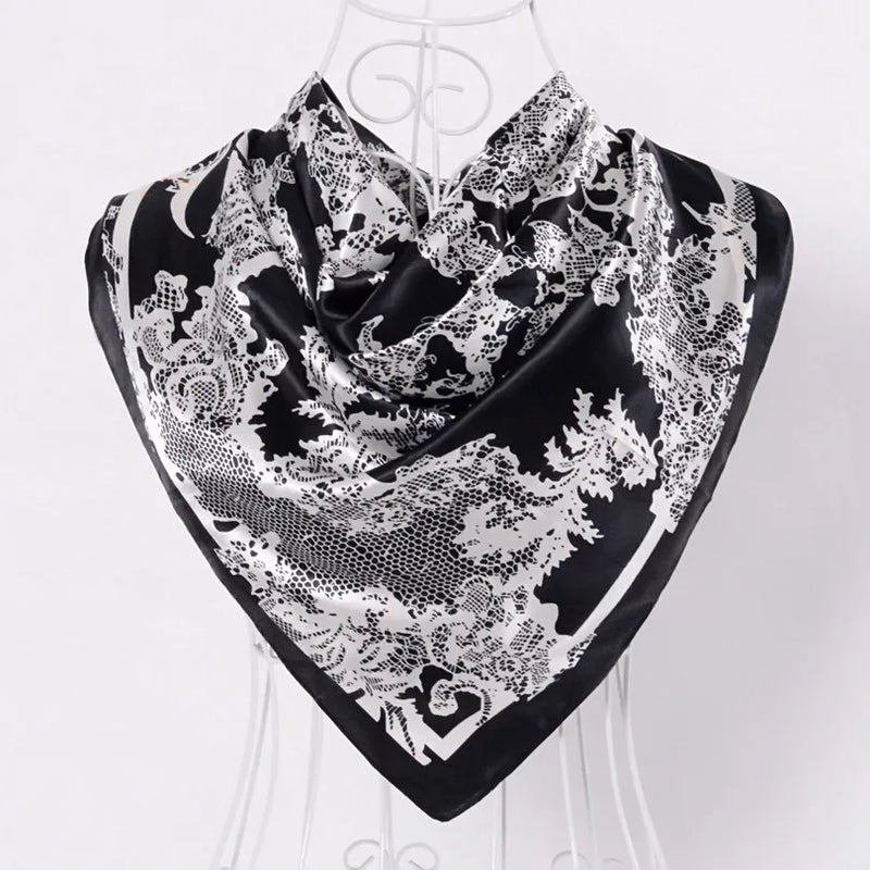 Anyyou Scarf for Women Lace Black Printed Square Silk Shawl For Summer Spring And Fall