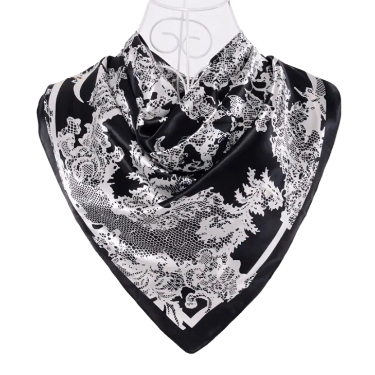 Anyyou Scarf for Women Lace Black Printed Square Silk Shawl For Summer Spring And Fall