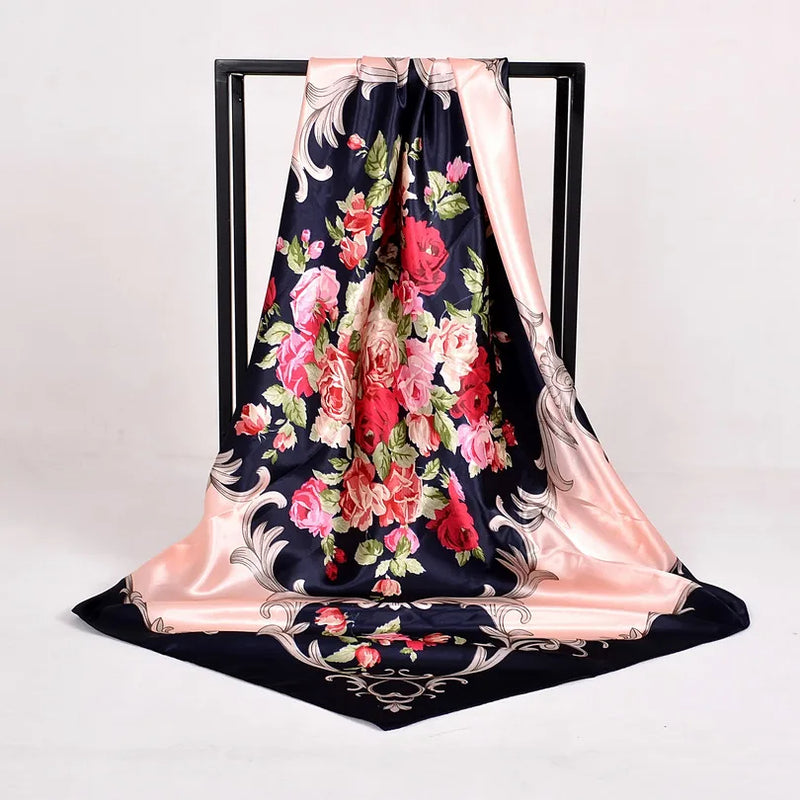 Anyyou Scarf for Women Navy Blue Gardon Floral Satin Silk Scarf Shawl Fashion Accessories Chain Flowers Pattern Autumn Winter Scarves