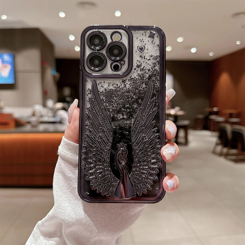 ANYMOB iPhone Case Black Luxury Swan Fashion Bling Glitter Protective Shockproof