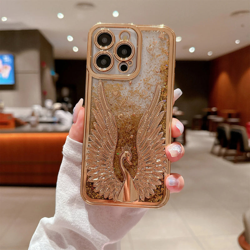 ANYMOB iPhone Case Gold Luxury Swan Fashion Bling Glitter Protective Shockproof