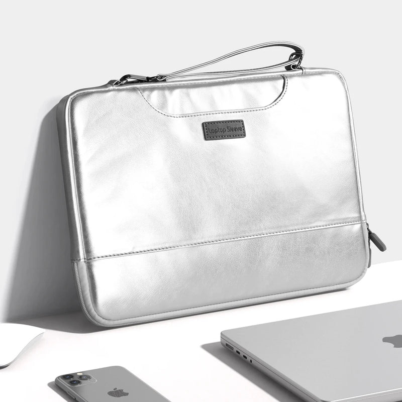 ANYPACK Laptop Handbag Silver Vegan Leather Sleek Protector Durable Lightweight For Travel And Work
