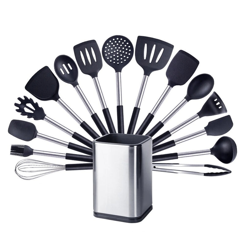 Anygleam Kitchen Utensils Non-stick Black/ Silver 15 Set Cooking Tool with Storage Box Accessories Heat Resistant Kitchenware