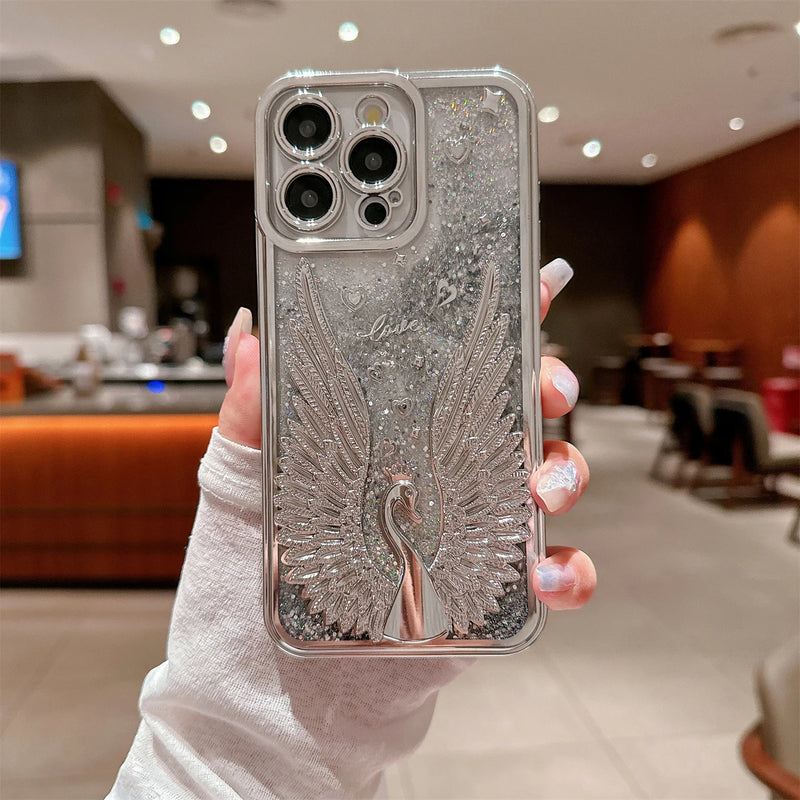 ANYMOB iPhone Case Silver Luxury Swan Fashion Bling Glitter Protective Shockproof