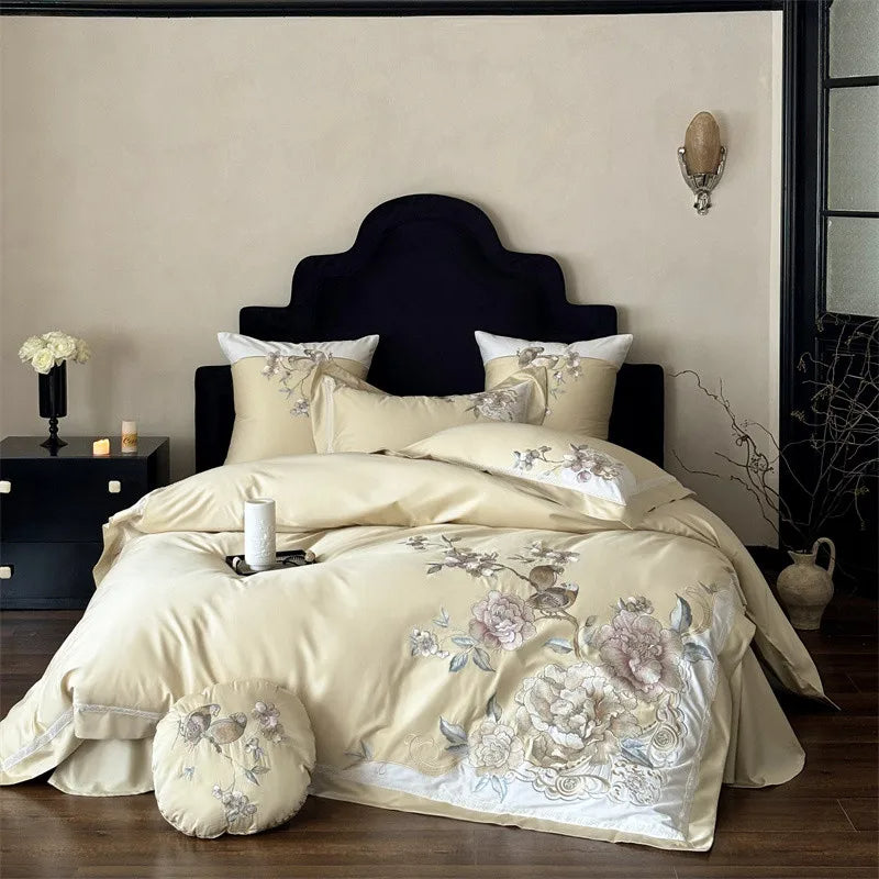 Anycozy Duvet Cover Set Yellow Flat Bed Sheet Ultra Soft Egyptian Cotton Embroidery Comfortable Bedding