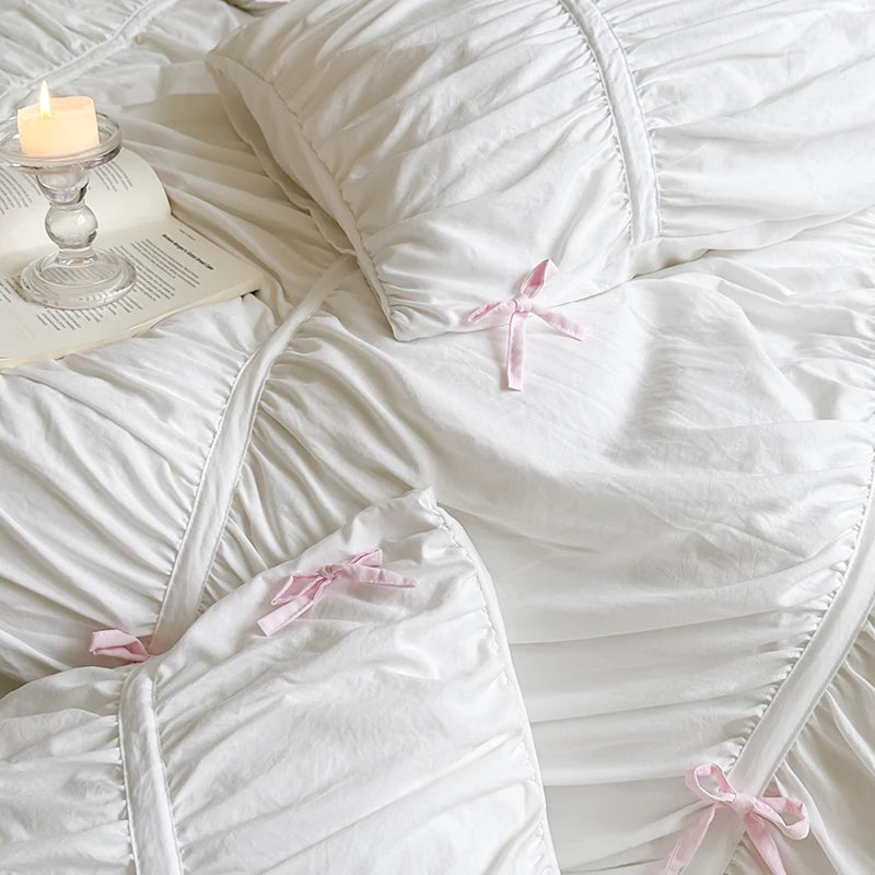 Anycozy Bedding Set White Pink Bow Ruffle Pleated Duvet Cover Flat Bed Sheet and Pillowcases Bedroom Decor