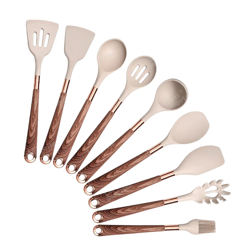 Anygleam Kitchen Utensils Non-stick Brown 9 Set Gold Plated Handle with Support Point Cooking Tool Accessories Heat Resistant Kitchenware