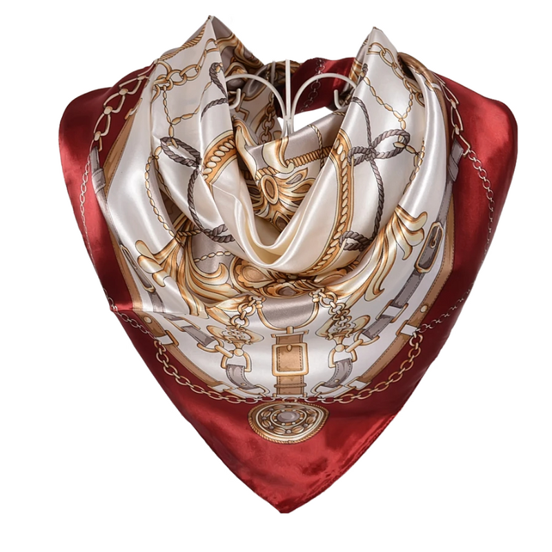 Anyyou Scarf for Women Beige Red Satin Silk Shawl Fashion Accessories Chain Flowers Pattern Autumn Winter Scarves