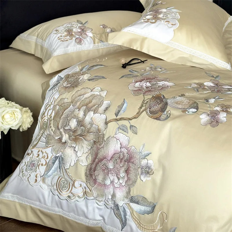 Anycozy Duvet Cover Set Yellow Fitted Bed Sheet Ultra Soft Egyptian Cotton Embroidery Comfortable Bedding