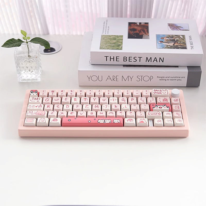 ANYMOB Keycap Keyboard Pink 66 Keys Cute Cat Theme Mechanical Sublimation Switch Clicks