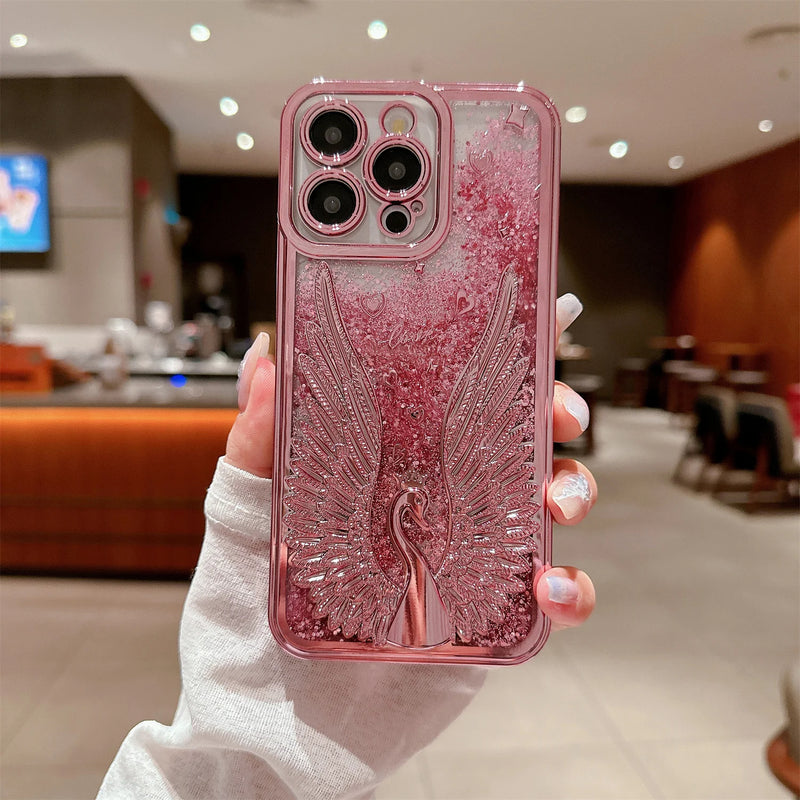 ANYMOB iPhone Case Pink Luxury Swan Fashion Bling Glitter Protective Shockproof