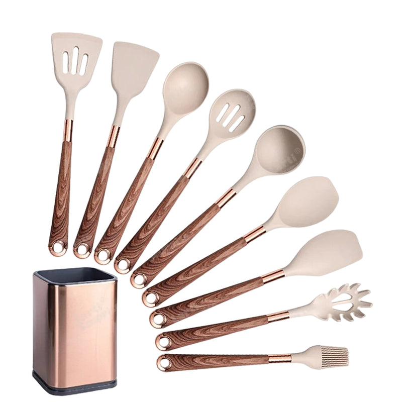 Anygleam Kitchen Utensils Non-stick Brown 9 Set Gold Plated Handle with Support Point and Storage Box Cooking Tool Accessories Heat Resistant Kitchenware
