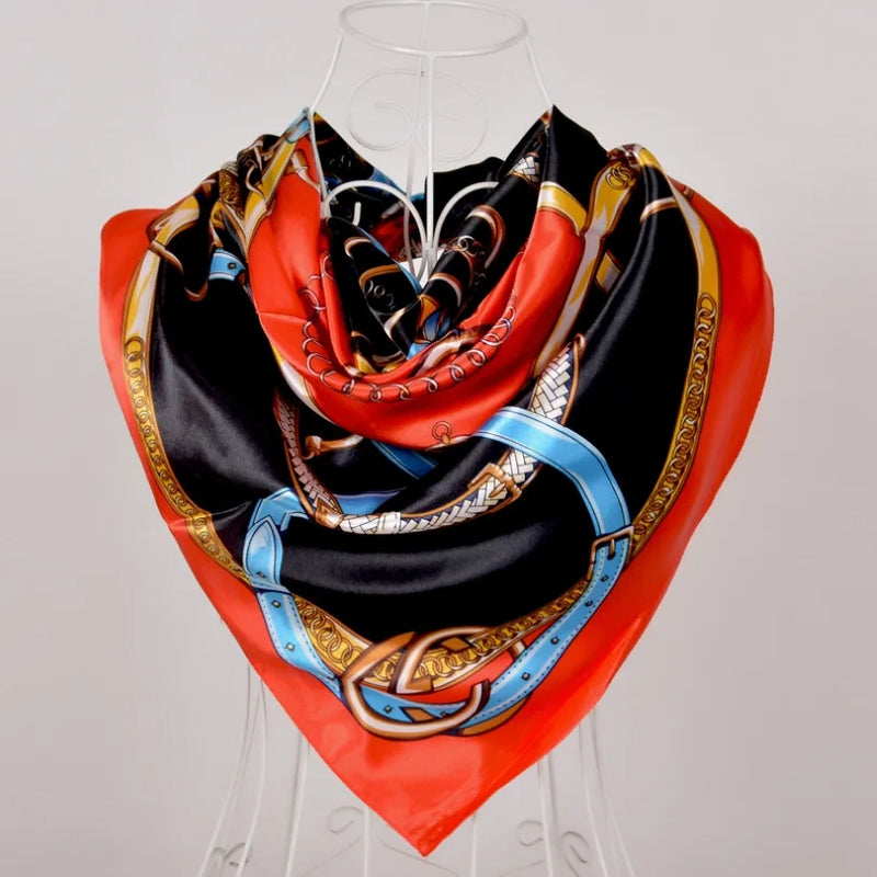 Anyyou Scarf for Women Red Black Printed Satin Silk Shawl Fashion Accessories Chain Flowers Pattern Autumn Winter Scarves