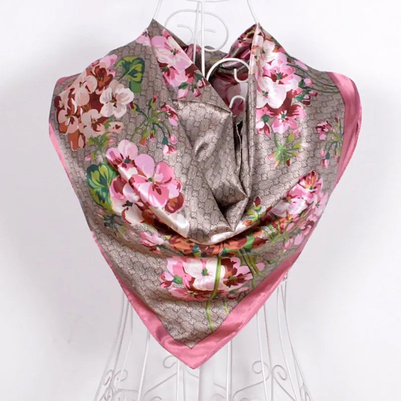 Anyyou Scarf for Women Floral Pink Print Square Silk Shawl For Summer Spring And Fall