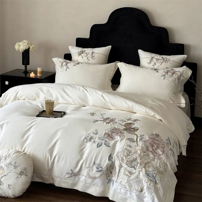 Anycozy Duvet Cover Set White Flat Bed Sheet Ultra Soft Egyptian Cotton Embroidery Quilt Bedding