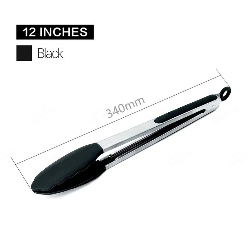 Anygleam Tong Stainless Steel Large Black Handle Clip Heat Resistant Cooking Baking Salad Steak Kitchen Gadget