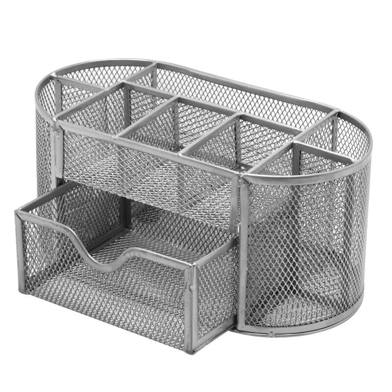 “AnyCraft Silver Metal Mesh Desk Organizer with Large‑Capacity Compartments for Office & School Supplies”