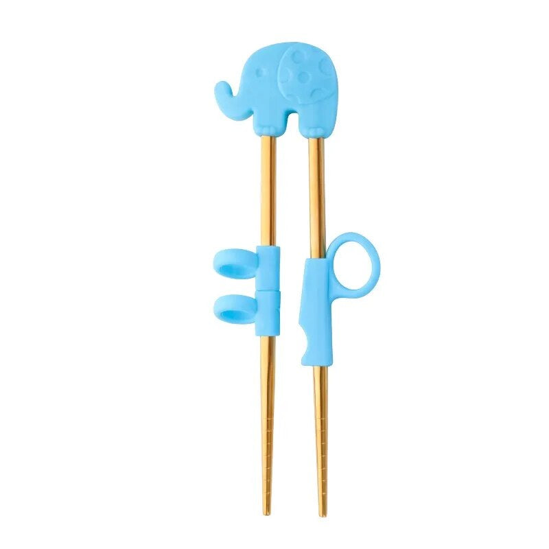 Anygleam Chop Stick Blue Elephant 1 Pair Reusable Gold  Stainless Steel Cartoon for Kids and Children Kitchen Accessories