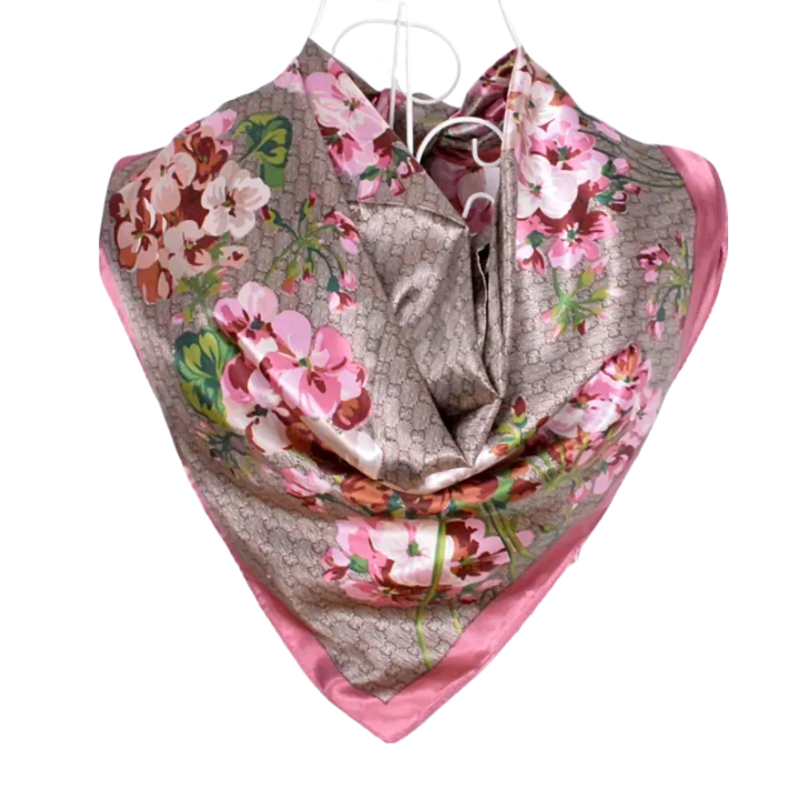 Anyyou Scarf for Women Floral Pink Print Square Silk Shawl For Summer Spring And Fall