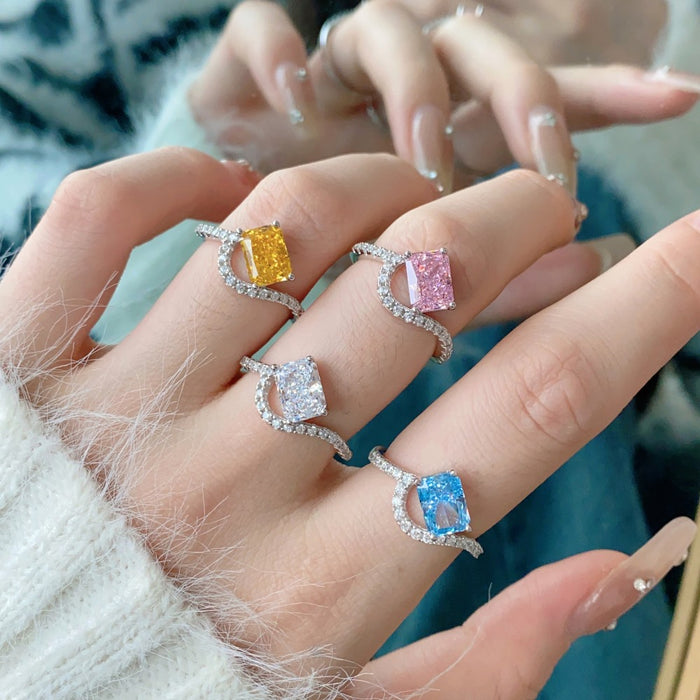 ANYCO Ring Fine Jewelry Square 925 Sterling Silver Rings Bridal Yellow Diamond CZ 8A 2ct Wedding Jewelry For Women