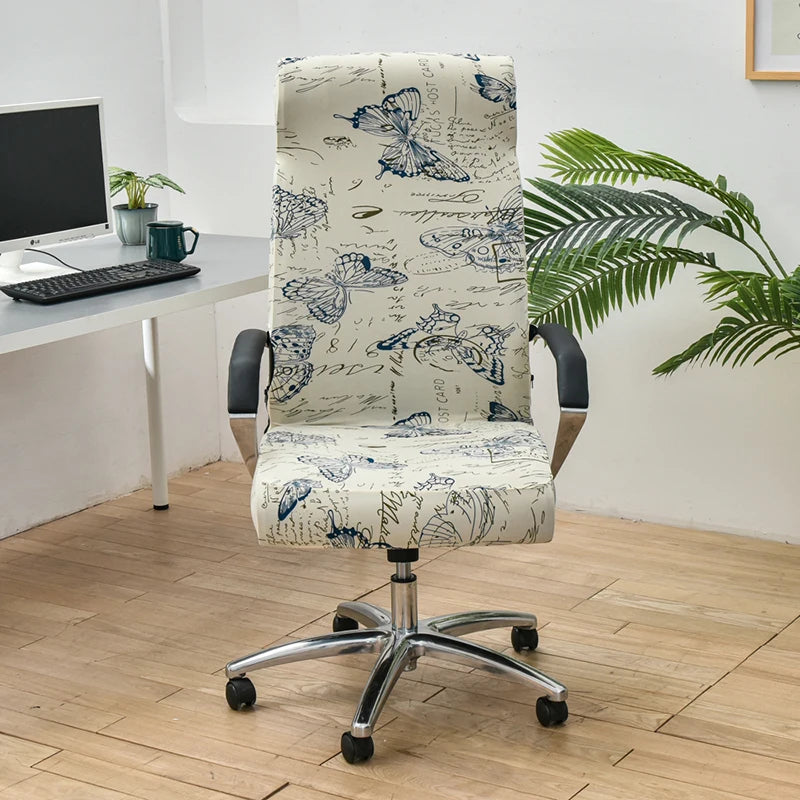 Anyseat Office Chair Cover White Blue Butterfly Design Medium Non-Slip Rotating Seat Case Universal Armrest Chair Protector