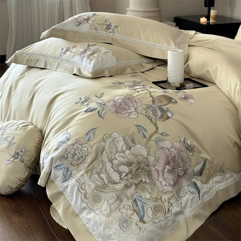 Anycozy Duvet Cover Set Yellow Fitted Bed Sheet Ultra Soft Egyptian Cotton Embroidery Comfortable Bedding