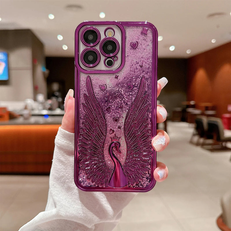 ANYMOB iPhone Case Purple Luxury Swan Fashion Bling Glitter Protective Shockproof