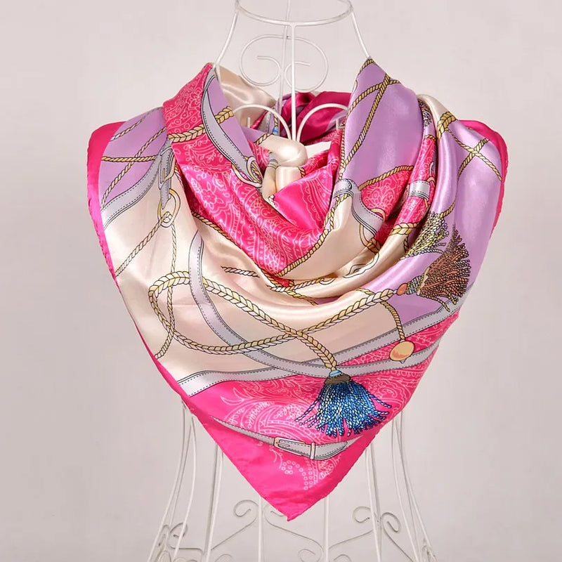 Anyyou Scarf for Women Girly Pink Printed Polyester Silk Big Square Silk 90*90cm Satin For Spring Summer Autumn Winter