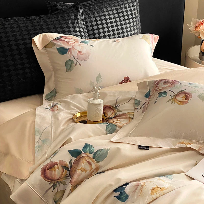 Anycozy Bedding Set Beige Duvet Cover Flat Bed Sheet with Zipper Closure and Pillowcases Bedroom Decor