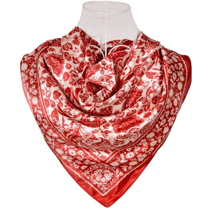 Anyyou Scarf for Women Red Beige Printed Square Silk  Shawl For Summer Spring And Fall