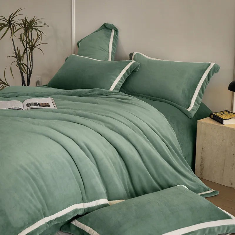 Anycozy Duvet Cover Set Plain Green Flat Bed Sheet Cozy Fluffy Luxury Velvet Bedding Collection
