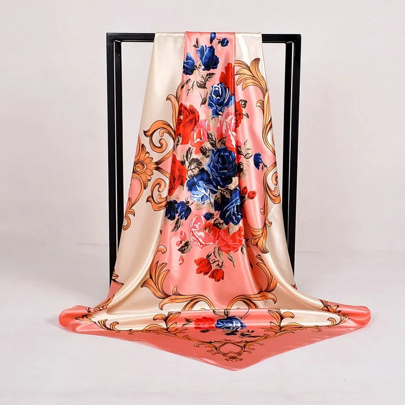Anyyou Scarf for Women Roses Pink Gardon Printed Satin Silk Shawl Fashion Accessories Women Chain Flowers Pattern Autumn Winter Scarves