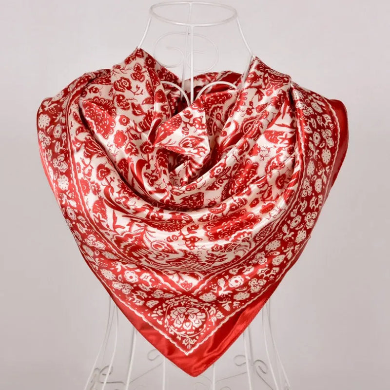 Anyyou Scarf for Women Red Beige Printed Square Silk  Shawl For Summer Spring And Fall
