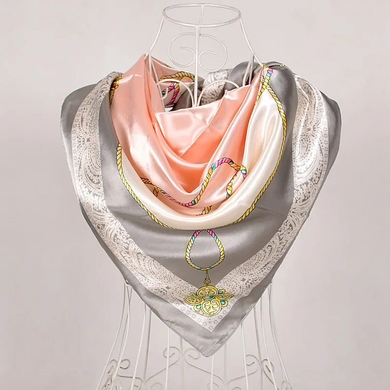 Anyyou Scarf for Women Grey Pink Printed Polyester Silk Big Square Silk Scarf 90*90cm Satin For Spring Summer Autumn Winter