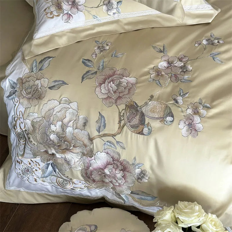 Anycozy Duvet Cover Set Yellow Flat Bed Sheet Ultra Soft Egyptian Cotton Embroidery Comfortable Bedding