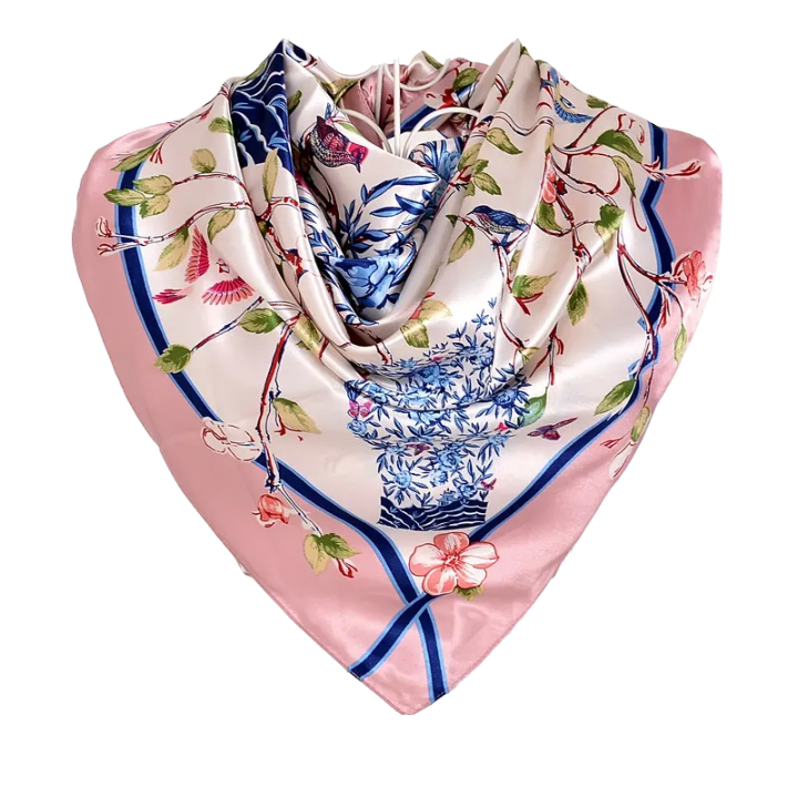 Anyyou Scarf for Women Vase Floral Pink Printed Satin Silk Shawl Fashion Accessories Chain Flowers Pattern Autumn Winter Scarves