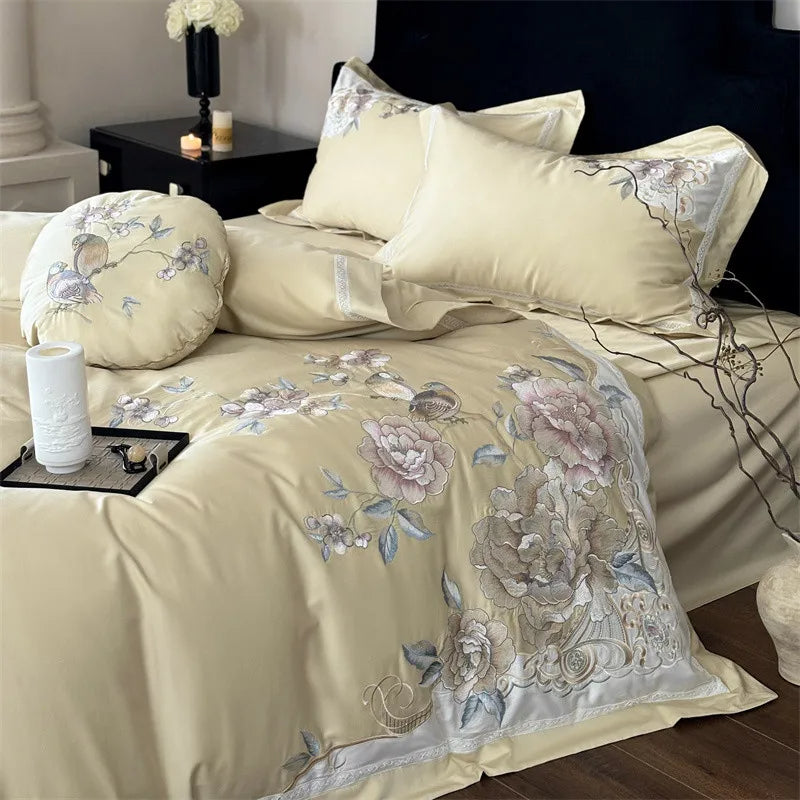 Anycozy Duvet Cover Set Yellow Fitted Bed Sheet Ultra Soft Egyptian Cotton Embroidery Comfortable Bedding