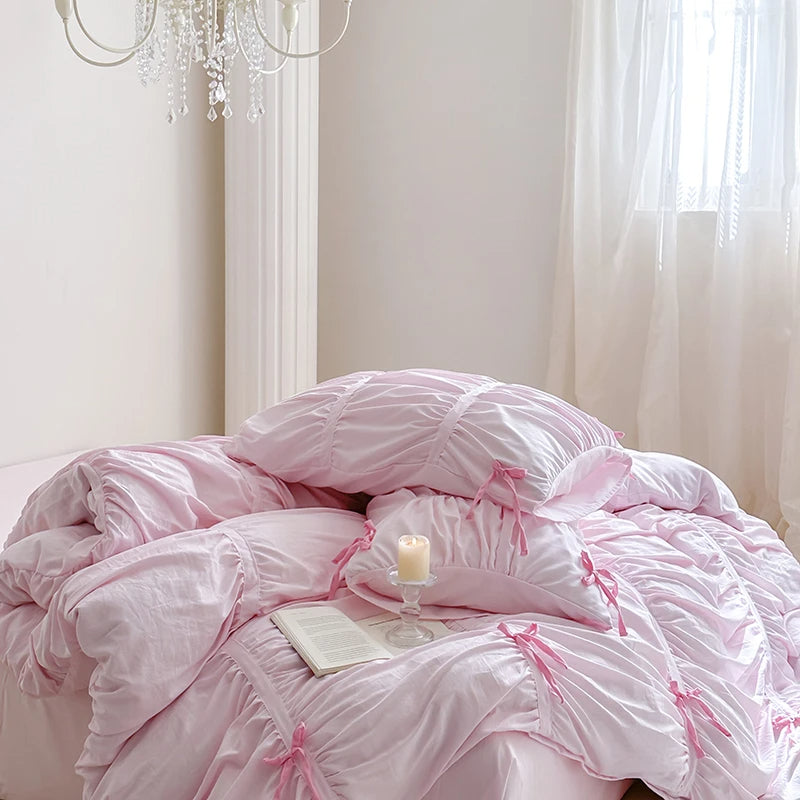 Anycozy Bedding Set Pink Ruffle Pleated Duvet Cover Flat Bed Sheet and Pillowcases Bedroom Decor