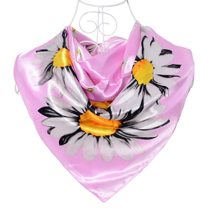 Anyyou Scarf for Women Daisy Pink Floral Printed Square Silk Shawl For Summer Spring And Fall