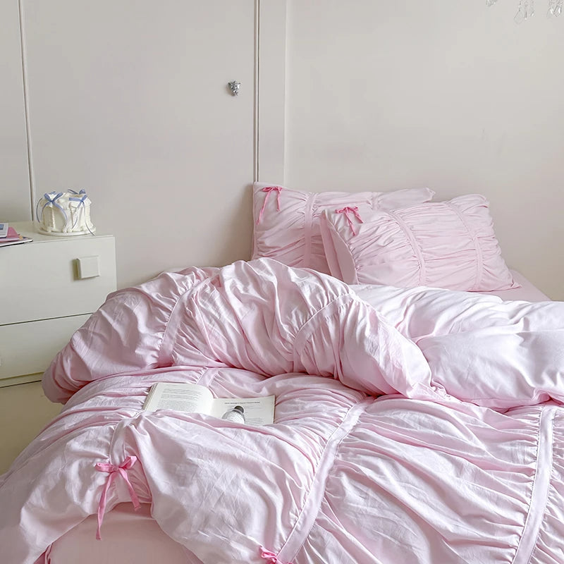 Anycozy Bedding Set Pink Ruffle Pleated Duvet Cover Flat Bed Sheet and Pillowcases Bedroom Decor
